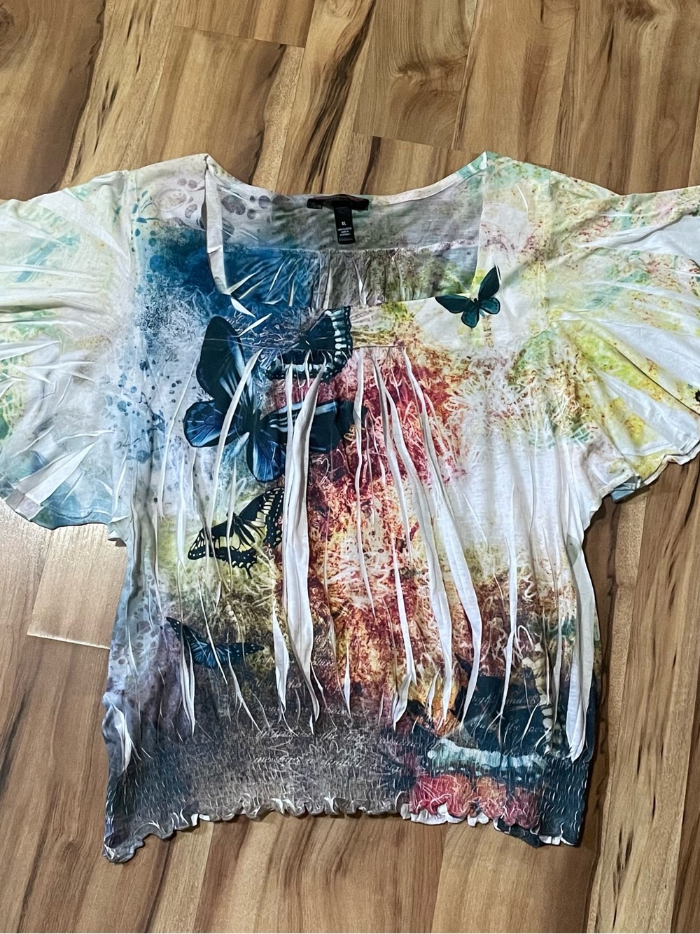 Deluxe LA Blues Butterfly Flutter Sleeve Top Y2K Watercolor Smocked Blouse